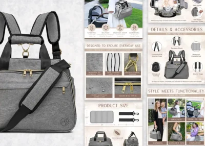 Baby Bag Amazon Listing Images & A+ Product Infographic. Lifestyle Photo Design.Main Image Background. EBC Enhanced Brand Content Editing E-commerce Optimization