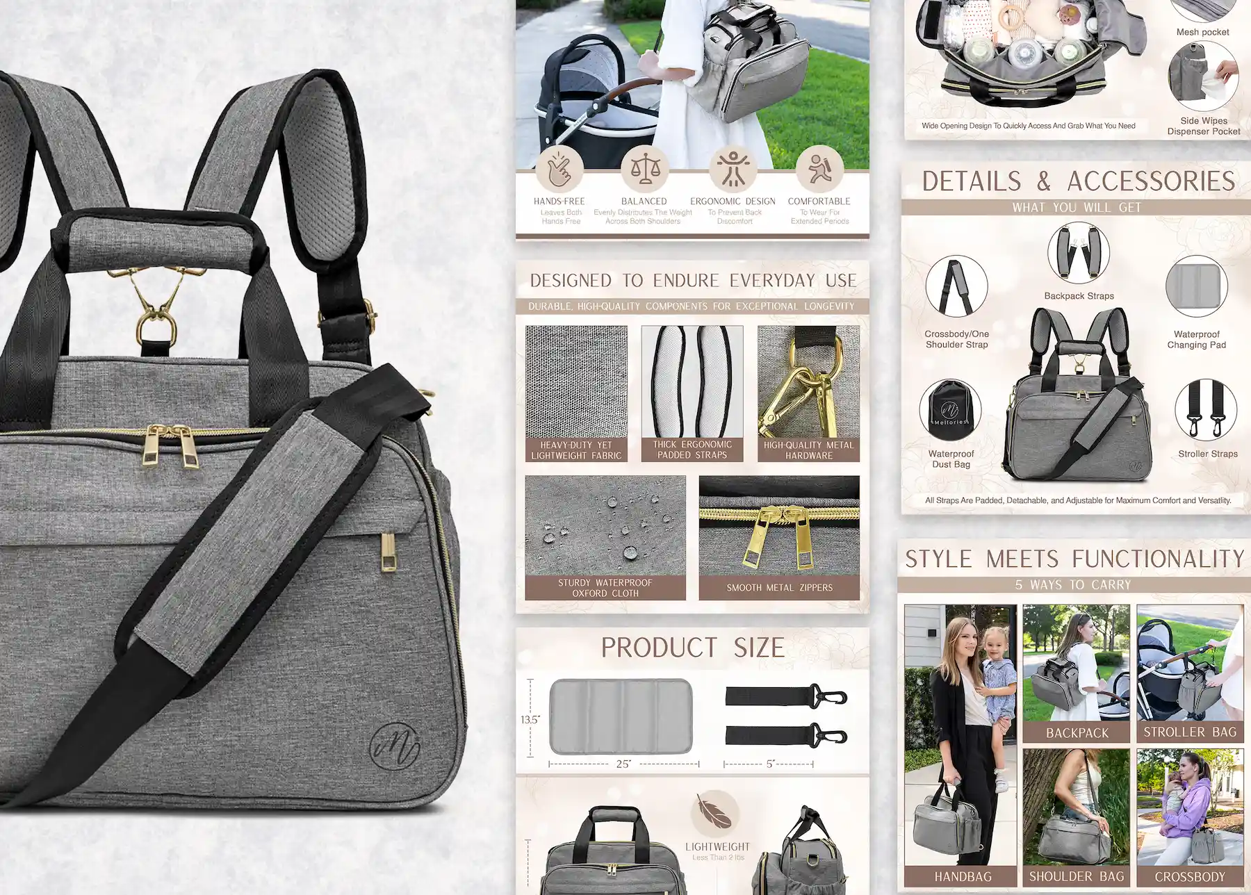 Baby Bag Amazon Listing Images & A+ Product Infographic. Lifestyle Photo Design.Main Image Background. EBC Enhanced Brand Content Editing E-commerce Optimization